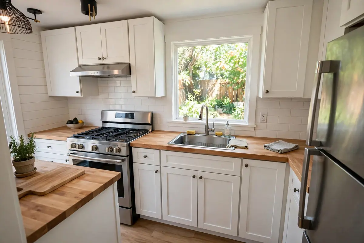 Modern small kitchen with white cabinets inside a backyard cottage