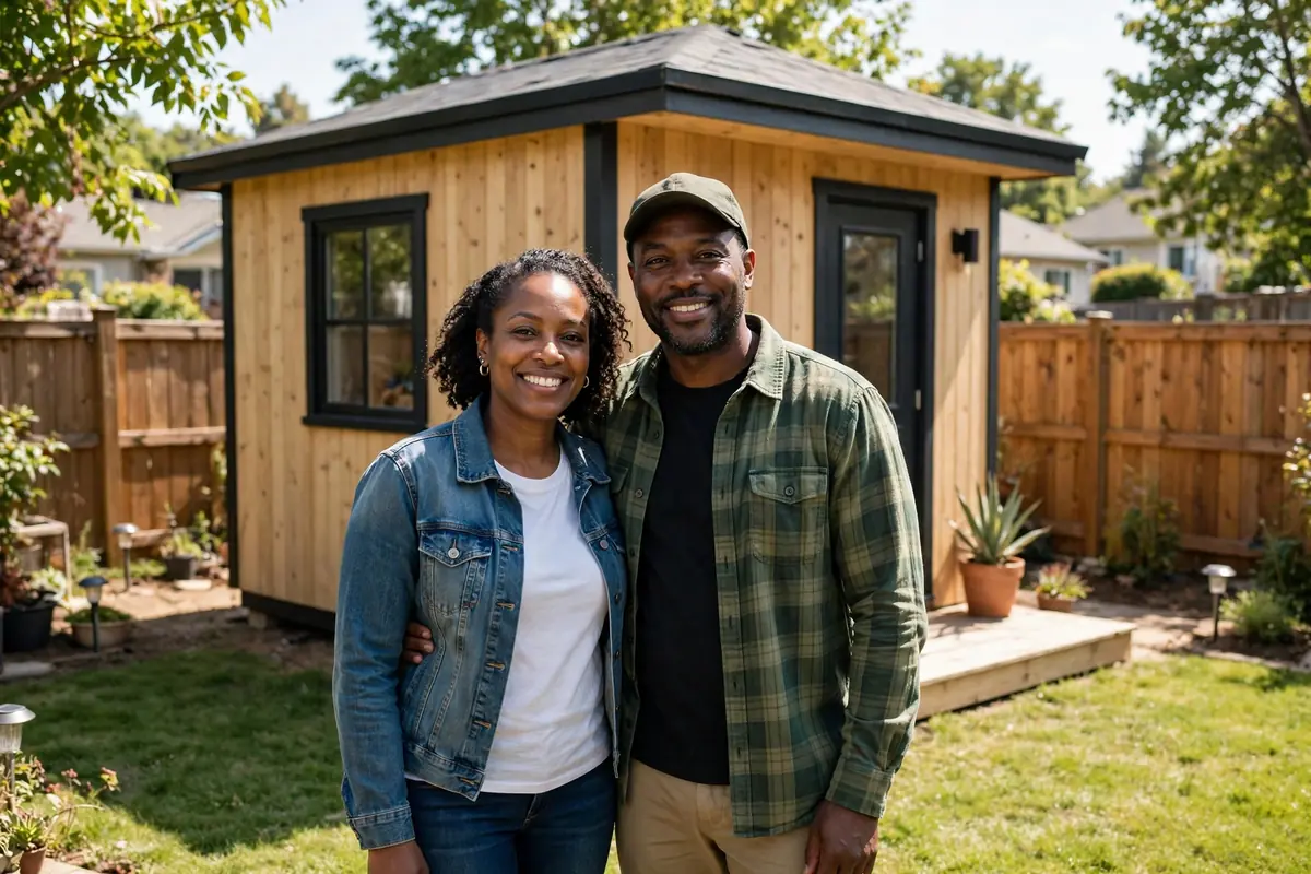 Smiling couple standing in front of their new backyard cottage