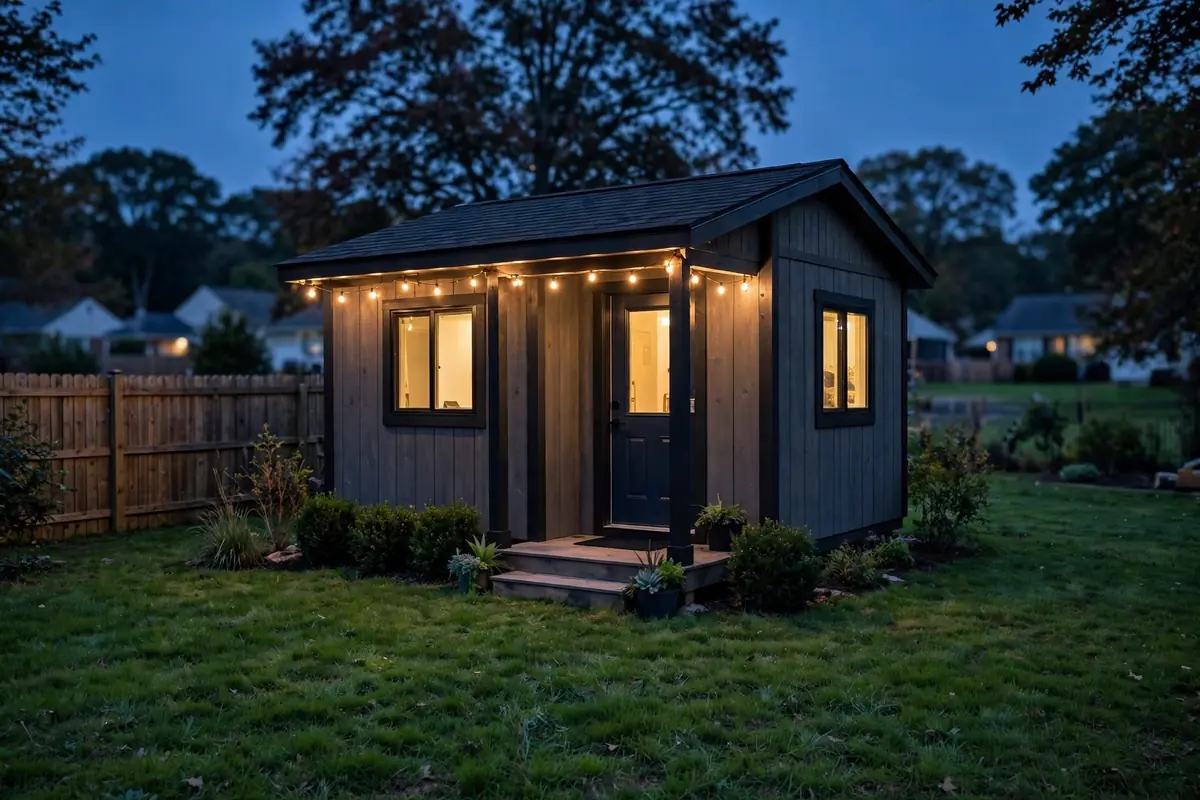 Detached backyard cottage ADU glowing at dusk
